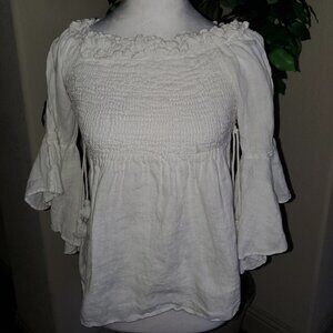 Zara White Linen Smocked Top